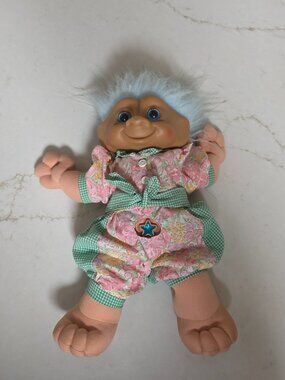 Vintage 1992 Wishnik Magic Star Troll Doll Soft Body Plush Blue Hair Floral 15"